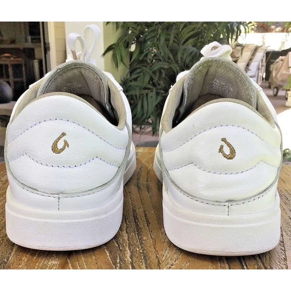 Olukai Ha'upu US 7 Full Grain Leather Sneaker Tennis Shoe Slide White Gold EU 37